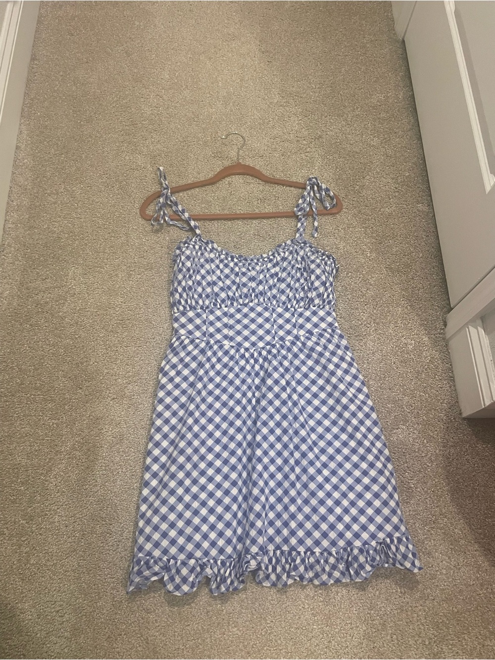Blue Gingham Tie-Shoulder Mini Dress